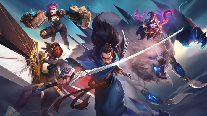 League of Legends characters Yasuo, Senna, Vi, Lulu, and Volibear