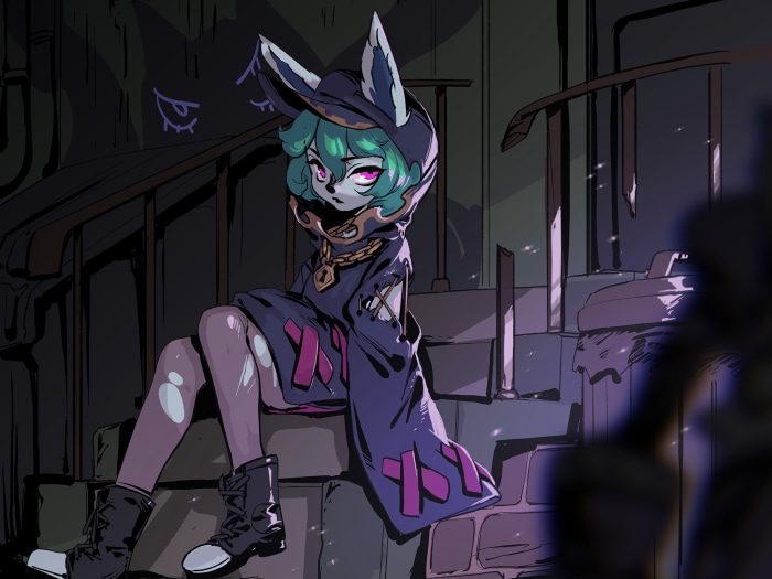 Vex from League of Legends sitting on stairs