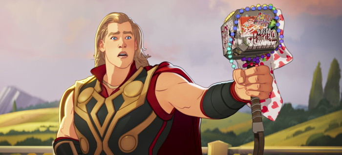 Thor from What If...? holding a decorated Mjolnir