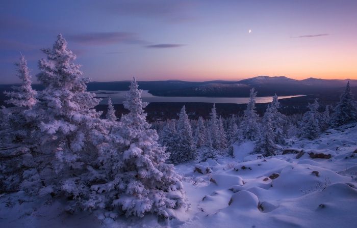 Winter landscape with snow-covered trees and a lake at sunset