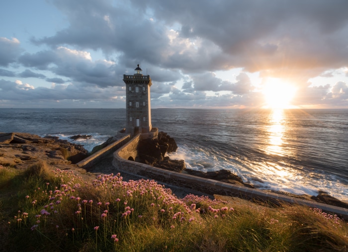 Phare de Kermorvan Lighthouse at sunset, Le Conquet, France