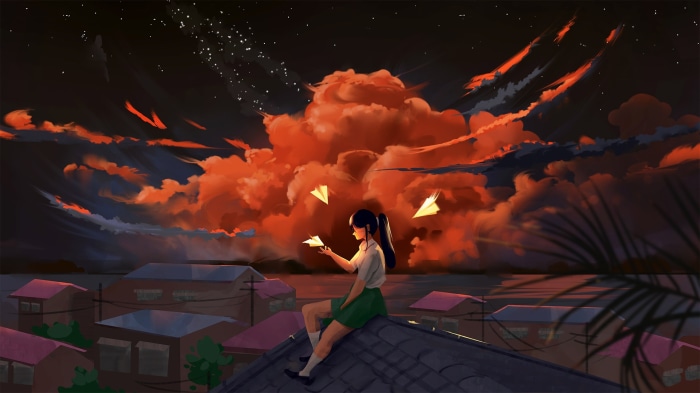 Girl in School Uniform Throwing Paper Airplanes at Night