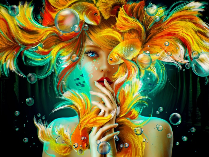 Fantasy woman with goldfish in her hair
