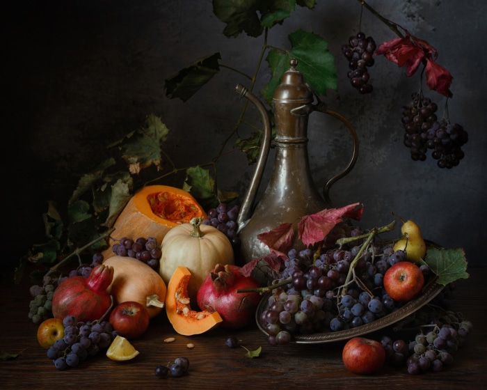 Still Life with Pumpkins, Grapes, and Pomegranates