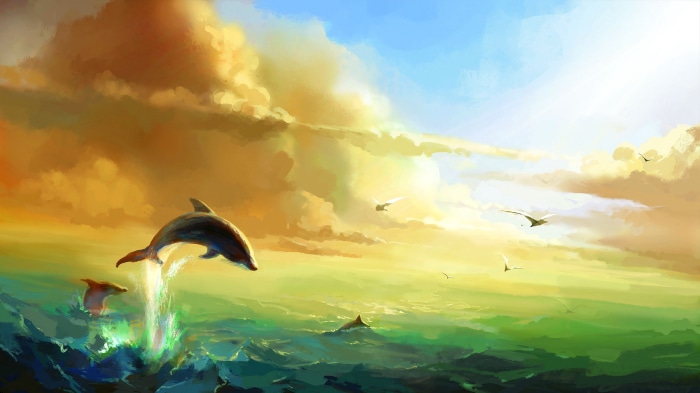 Dolphins jumping from ocean waves with birds flying in the sky