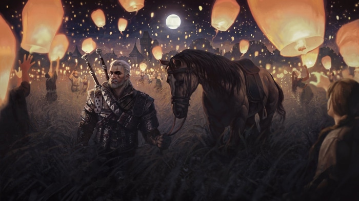 Geralt of Rivia from The Witcher 3 with a horse and lanterns