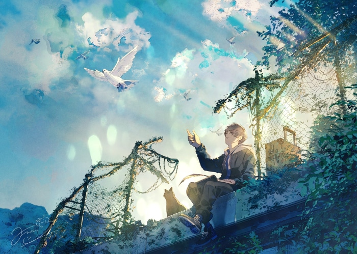 Anime boy with cat and doves in sky