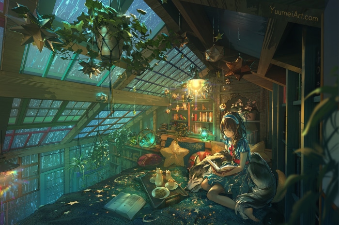 Girl reading a book with a wolf in a starry attic