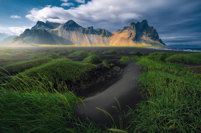 Vestrahorn Mountains and Black Sand Beach in Iceland 4K