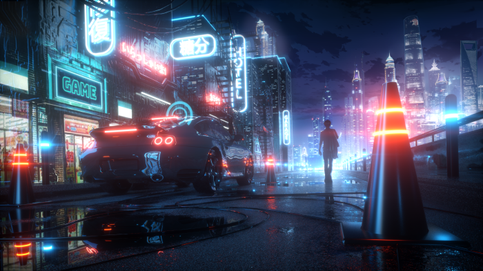 Cyberpunk City Street at Night with Sports Car