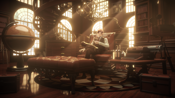 Man in armchair with wine in library 4K