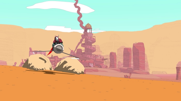Sable on a hoverbike in a desert landscape