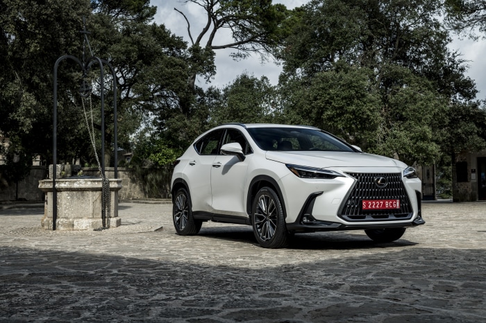 White Lexus NX 250 4K parked near a stone well