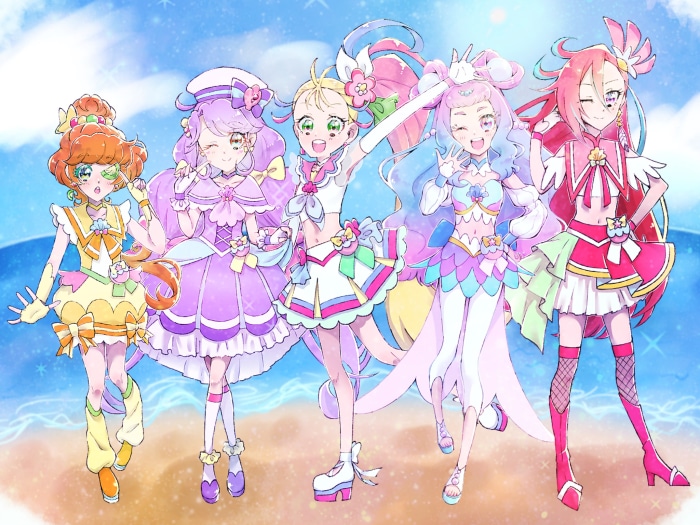 Tropical-Rouge! Pretty Cure characters on a beach