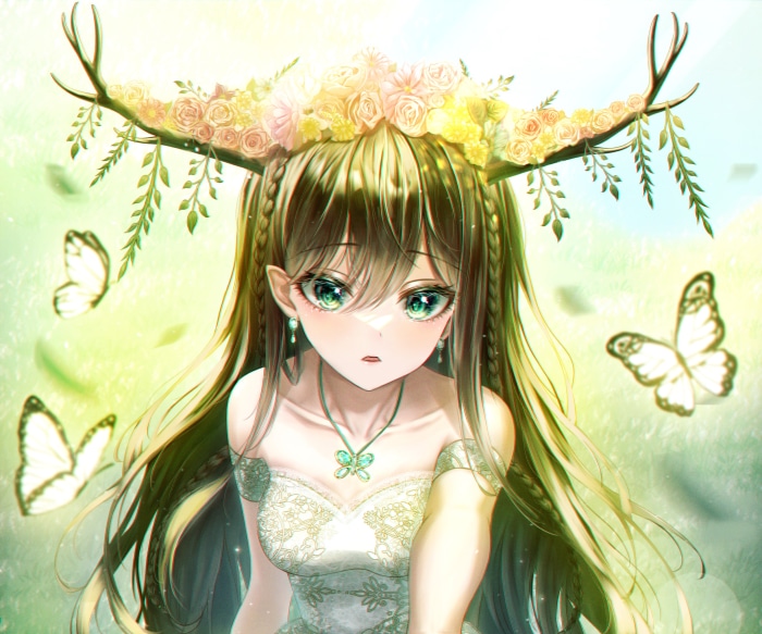 Anime girl with antlers and butterflies