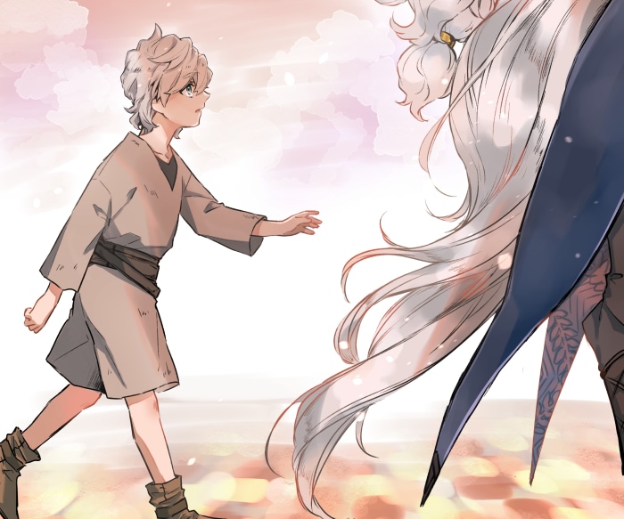 Boy reaching for Lancer from Fate/Grand Order