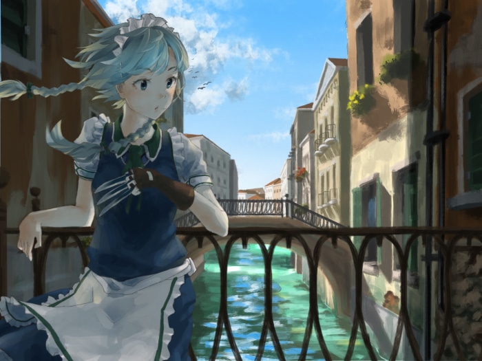 Sakuya Izayoi from Touhou standing on a bridge in Venice