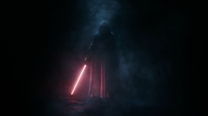 Darth Revan with red lightsaber in smoke