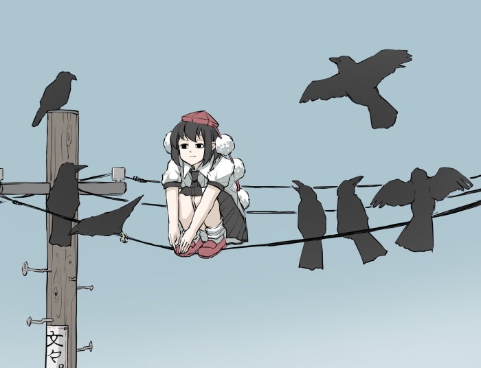 Aya Shameimaru from Touhou sitting on power lines with crows