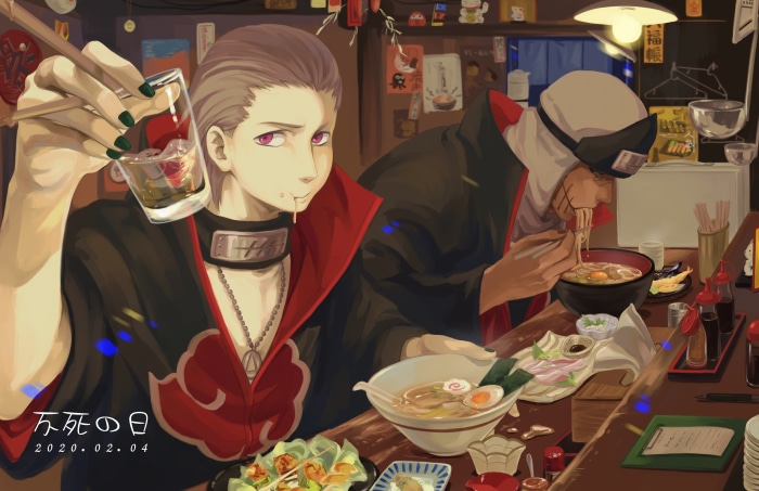 Hidan and Kakuzu from Naruto eating at a restaurant