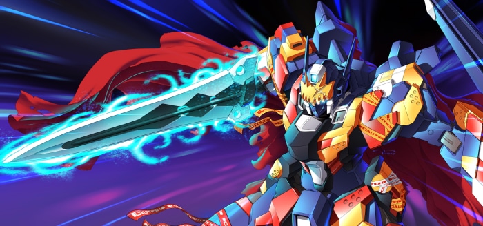 Robot with glowing sword and red cape