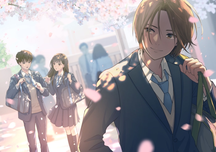 Boy in school uniform with cherry blossoms