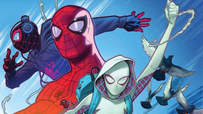 Spider-Man, Spider-Gwen, and Miles Morales with Pigeons