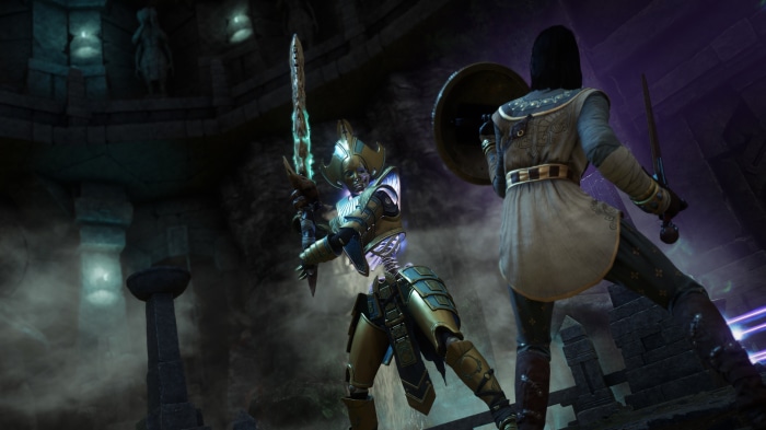 Skeleton warrior with glowing sword fighting another warrior in New World 4K
