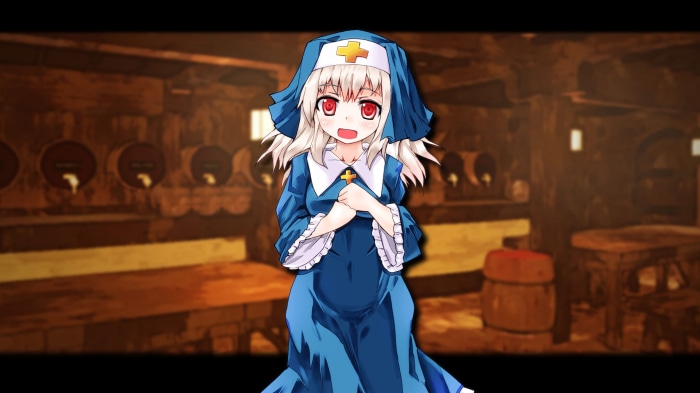Girl in blue nun outfit in a tavern