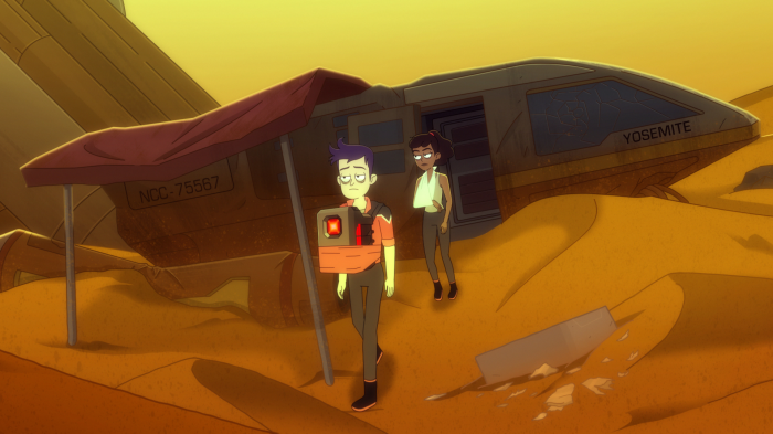 Brad Boimler and Beckett Mariner from Star Trek: Lower Decks on a desert planet