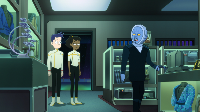 Star Trek: Lower Decks characters in a store