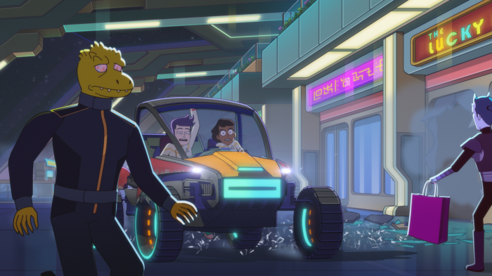 Star Trek: Lower Decks - A Reptilian Alien and Two Humans in a Vehicle