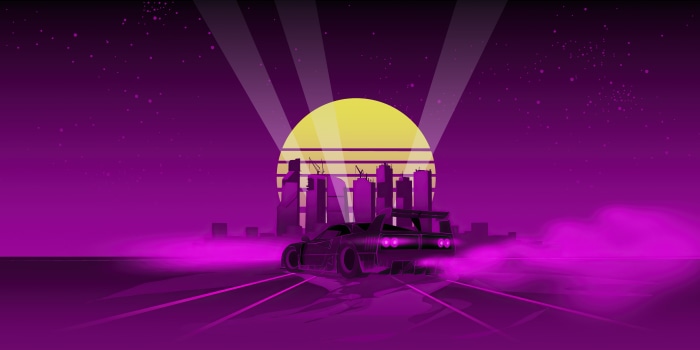 Retro Wave Car with Cityscape and Sun