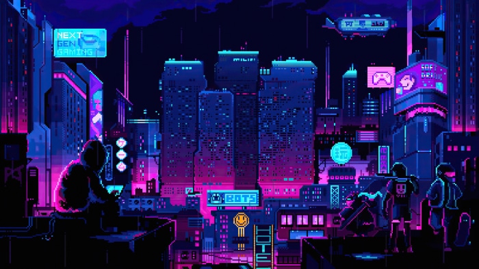 Pixel art cyberpunk city with gamers