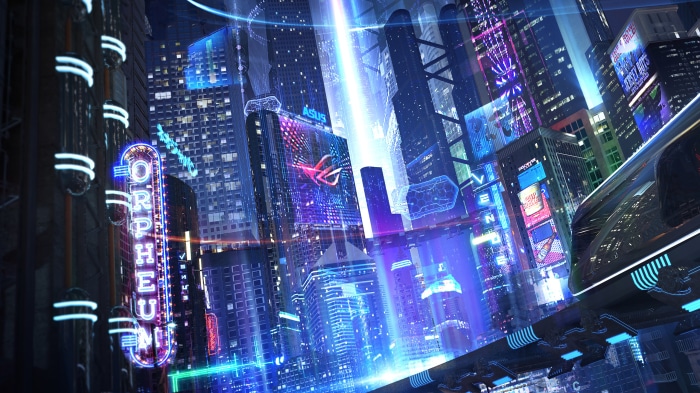 Asus ROG futuristic cityscape with neon lights