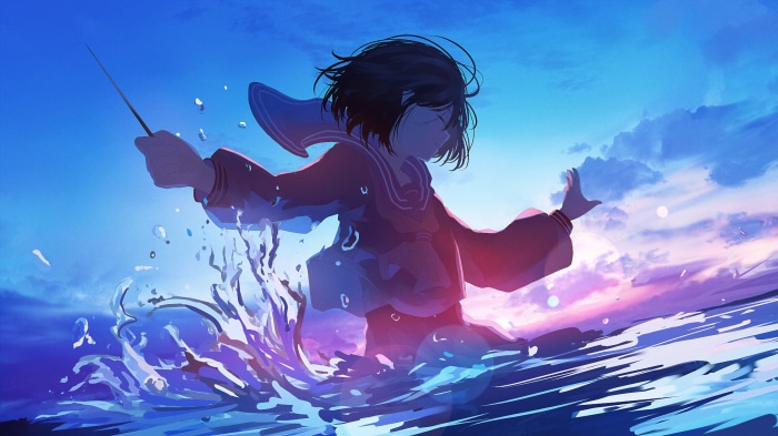 Girl in water with conductor's baton