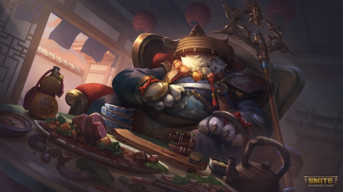 Kumbhakarna from Smite eating at a table