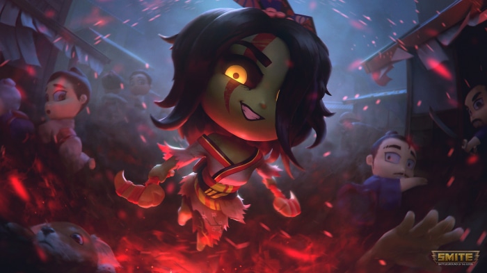 Chibi Izanami from Smite surrounded by fire and people