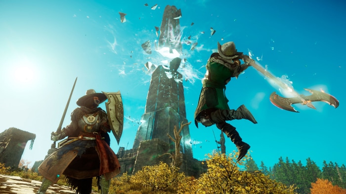 New World video game characters fighting near a stone tower