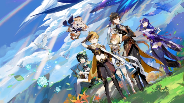 Genshin Impact 4K: Aether, Lumine, Venti, Paimon, Raiden Shogun, and Zhongli