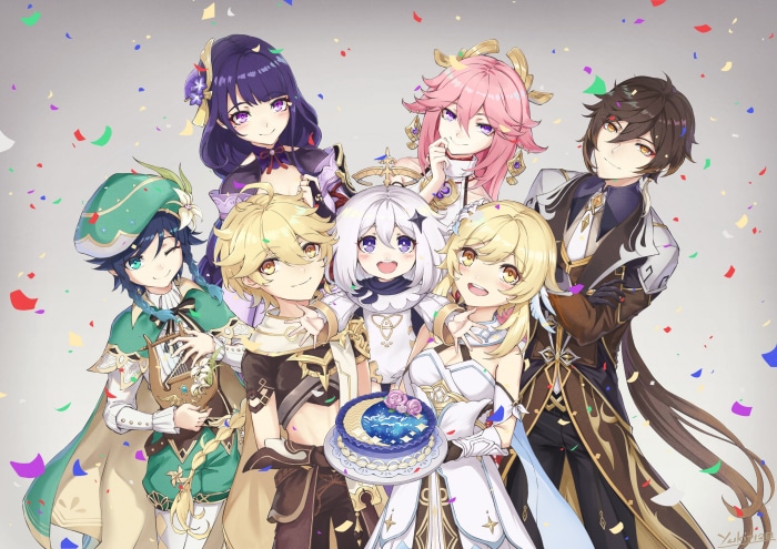 Genshin Impact characters celebrating with cake and confetti