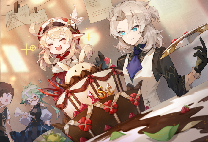 Klee, Sucrose, and Albedo from Genshin Impact with a cake