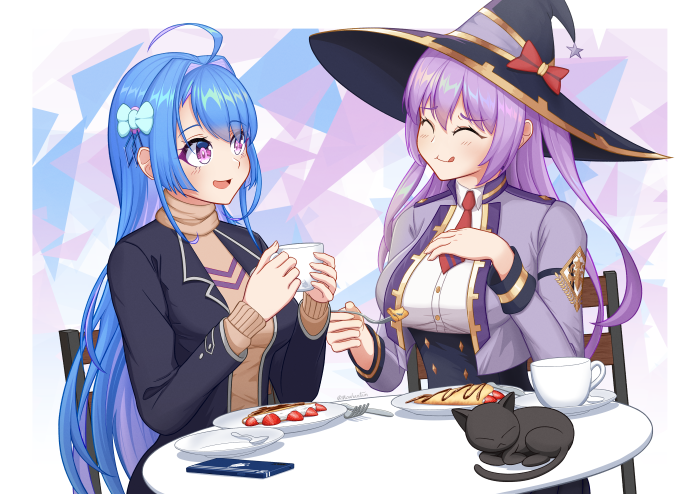 Helena from Azur Lane and character from Kings Raid at cafe