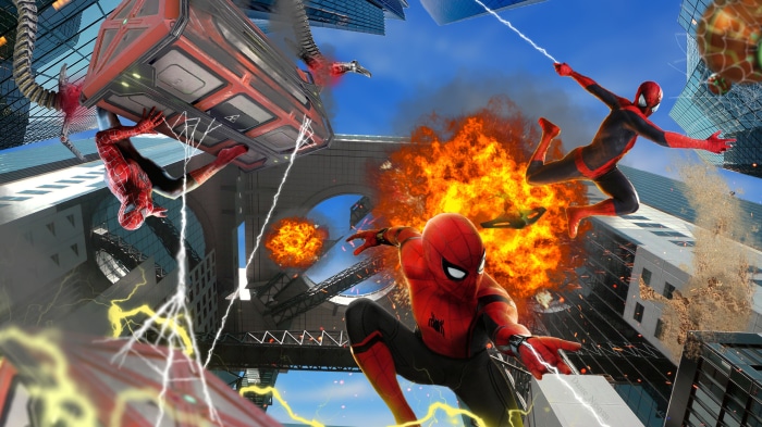 Spider-Man in a city battle with explosions