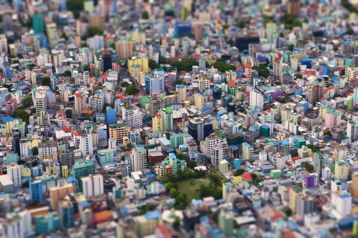 Aerial view of a colorful city in the Maldives