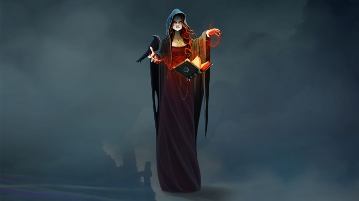 Woman with crow and spellbook