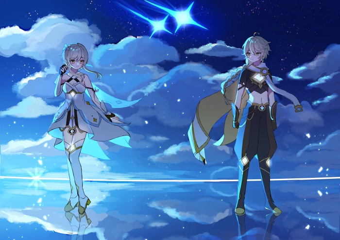Lumine and Aether from Genshin Impact under shooting stars