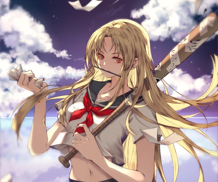 Anime girl with baseball bat and crumpled paper