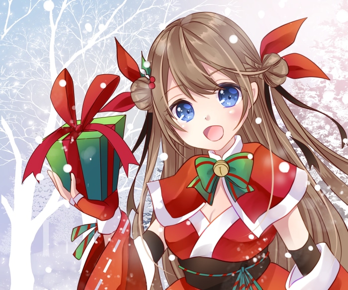 Anime girl in Christmas outfit holding a gift