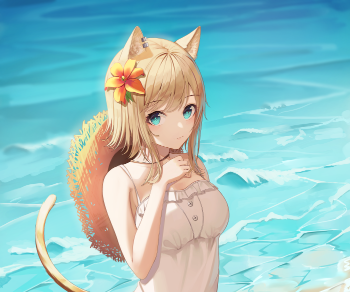Anime Girl with Cat Ears at the Beach